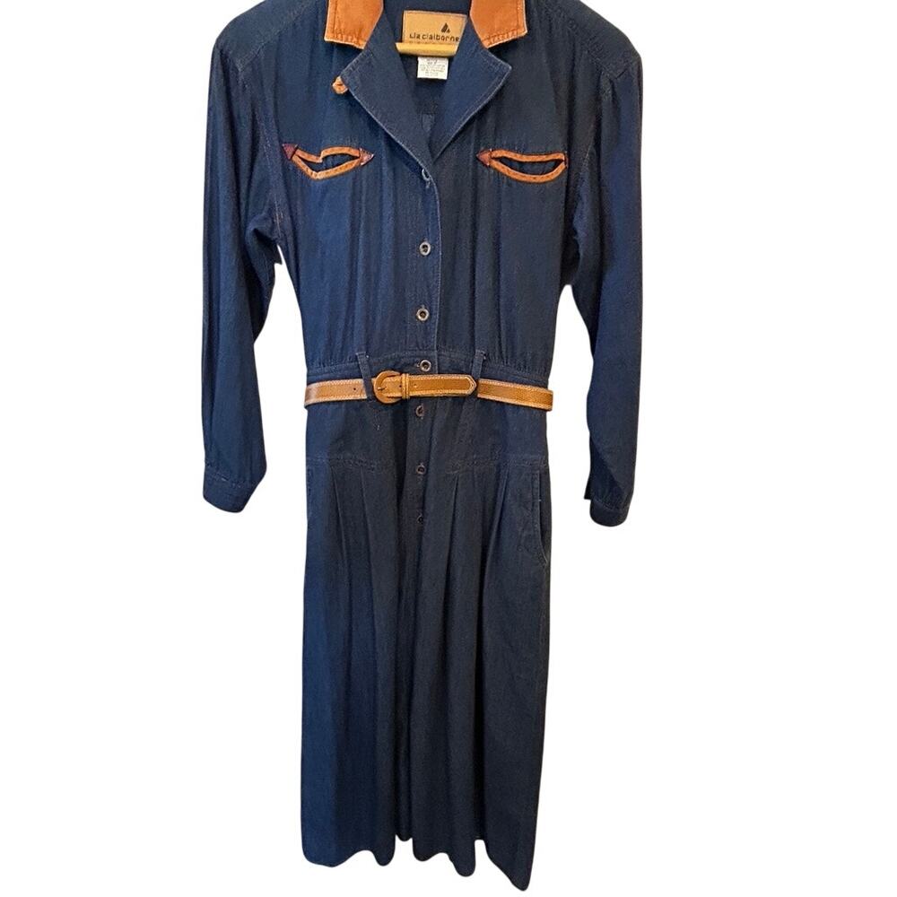 Vintage Liz Claiborne Denim Look Shirt Dress Size 2 Western Belted Midi Chambray - Picture 4 of 9